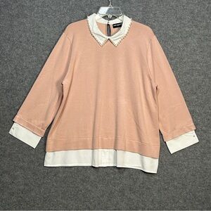 Karl Lagerfeld Size XL Twofer Pink Layered Look Sweater Pearl-Embellished Collar